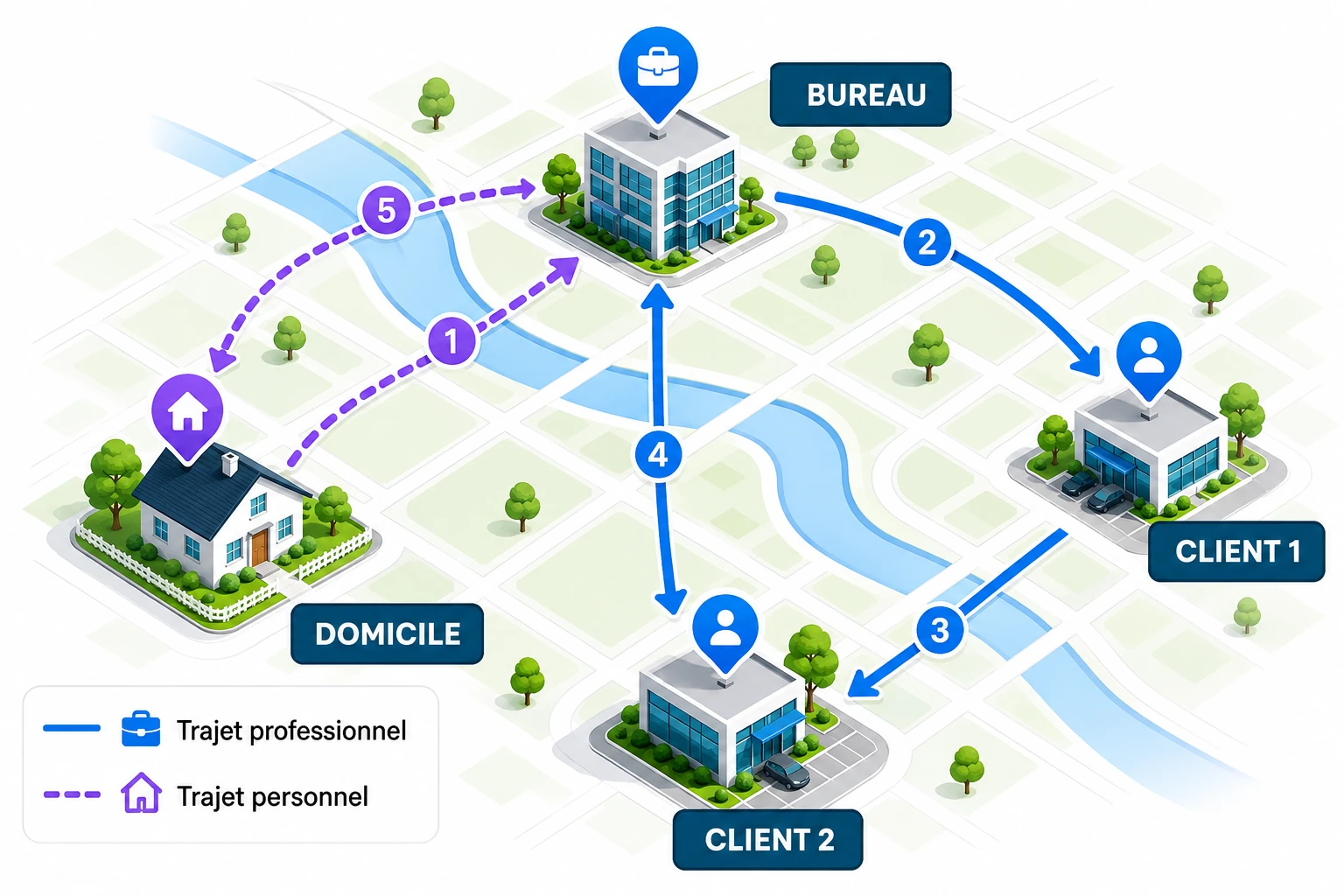 Illustration des trajets professionnels et personnels d'un conducteur entre son domicile, son bureau et ses clients