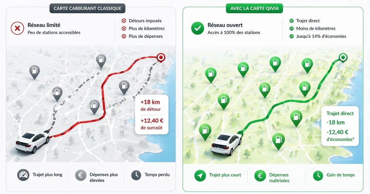 Comparaison entre une carte carburant classique et la carte Qivia