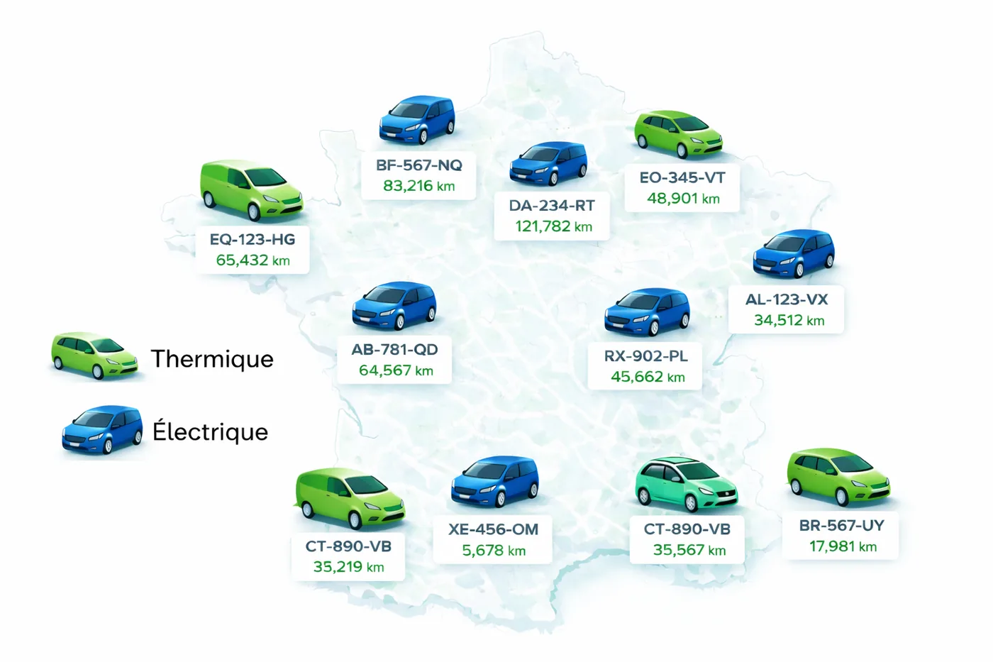 Carte de France illustrant une flotte mixte thermique et électrique pilotée avec Qivia