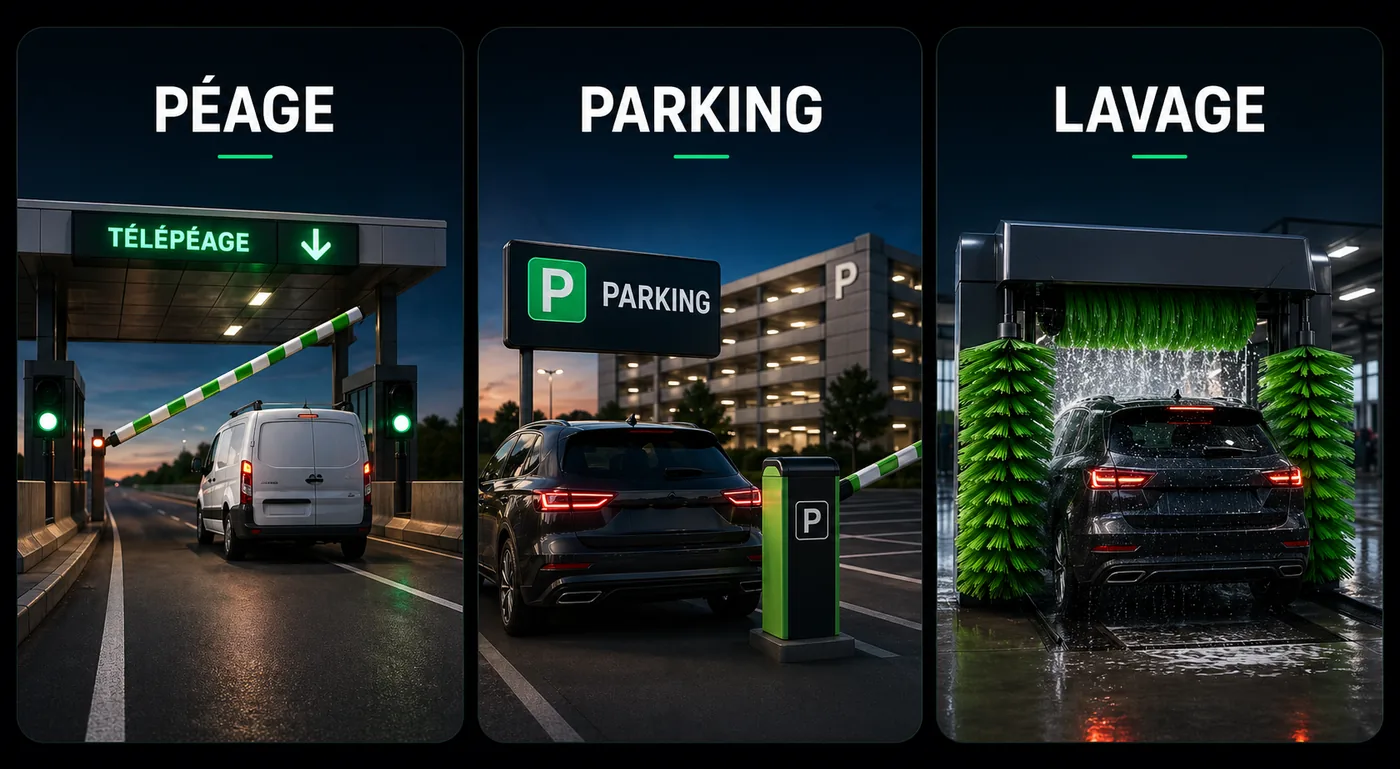 Triptyque Péage, Parking et Lavage : services de mobilité couverts par la carte Qivia